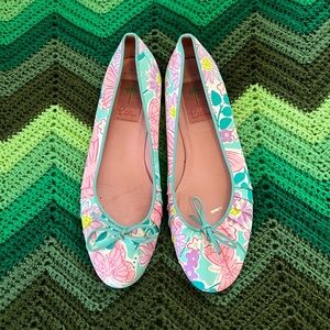 Lilly Pulitzer ballet flats size 9 leather soles pink blue purple butterflies